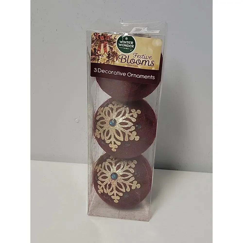 Winter Wonder Lane Festive Bloom Collection 3 pc Velvet Burgundy Ornaments